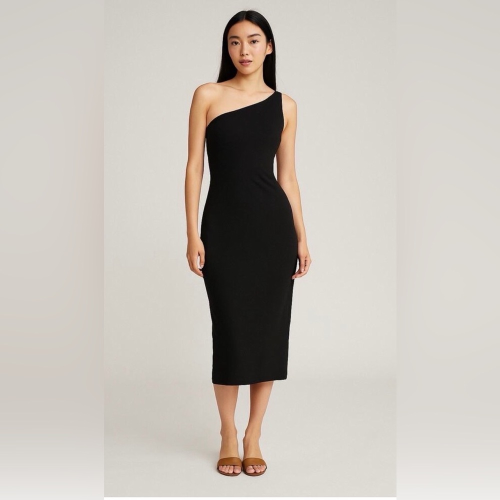 House of Harlowe NWT Black Ribbed One Shoulder Midi Dress